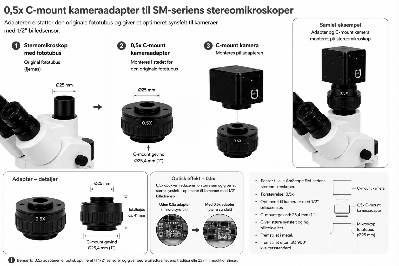 AmScope 0,5x C-mount kameraadapter til SM-seriens stereomikroskoper