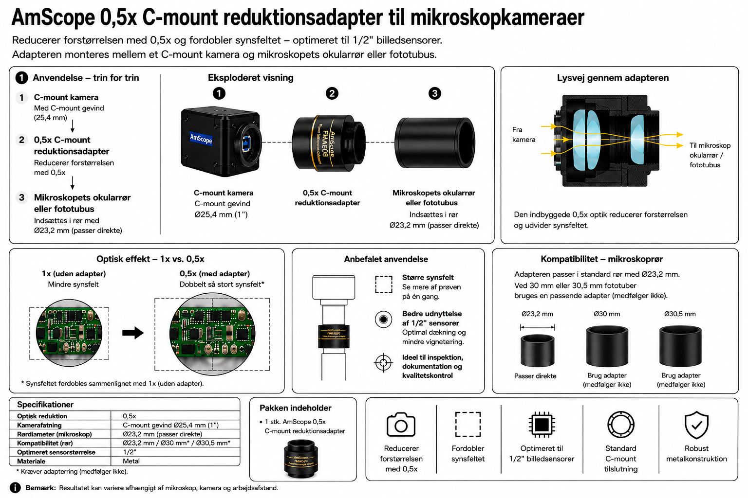 AmScope 0,5x C-mount reduktionsadapter til mikroskopkameraer