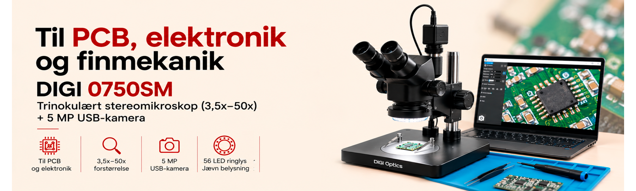 DIGI 0750SM Trinokul�rt stereomikroskop (3,5x&ndash;50x) + 5 MP USB-kamera til PCB, elektronik og finmekanik