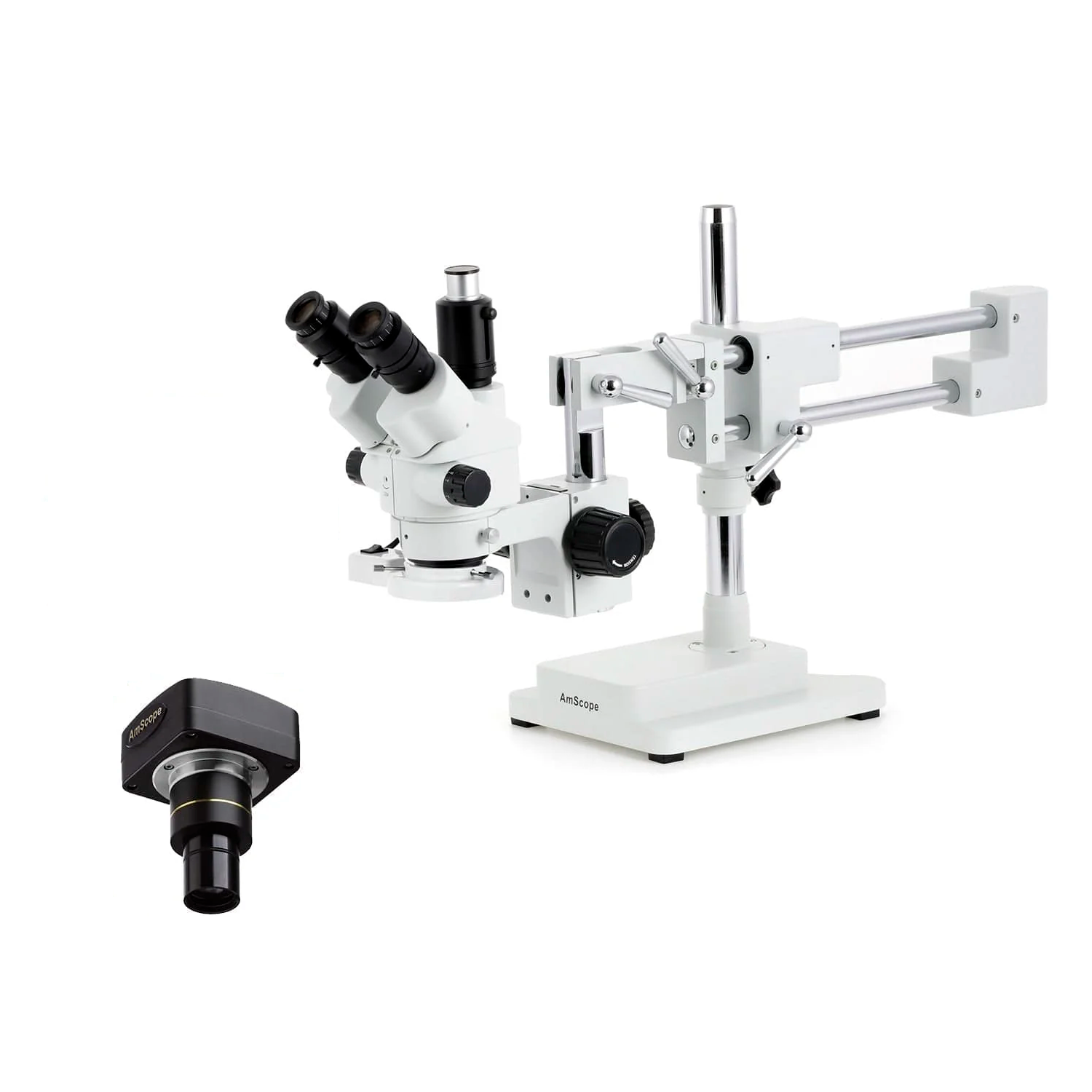 AmScope SM-4 Simul-Focal Trinokulært stereomikroskop (7×–45x), ringlys og 10 MP kamera på dobbeltarmet bom-stander