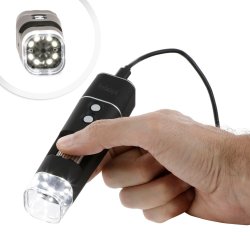 AmScope HHD-serie 2,0 MP Wi-Fi &amp; USB h�ndholdt mikroskop 50x�1000x forst�rrelse med bordstativ og LED-belysning