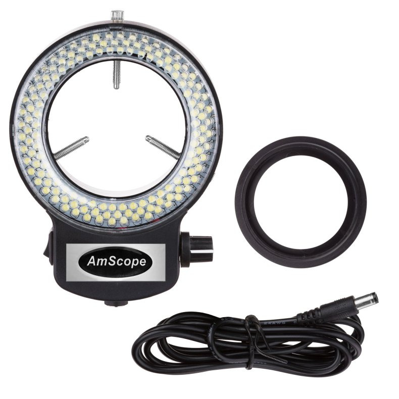 AmScope 144 LED ringlys med justerbar lysstyrke &ndash; tilbeh�r til stereomikroskop med sort hus