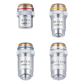 AmScope s�t med fire achromatiske mikroskopobjektiver (4x-100x)
