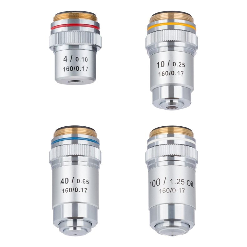 AmScope s�t med fire achromatiske mikroskopobjektiver (4x-100x)