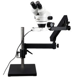 AmScope SM-7B-FRL binokul�rt stereomikroskop, fluorescerende ringlys, leddelt arm med bordplade og s�jlestander (7x-45x)