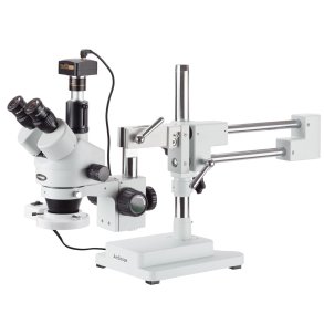 AmScope SM-4 trinokul�rt zoom-stereomikroskop (3,5�&ndash;90�) Fluorescerende ringlys, 10 MP USB 2.0 kamera p� dobbeltarms bomstander