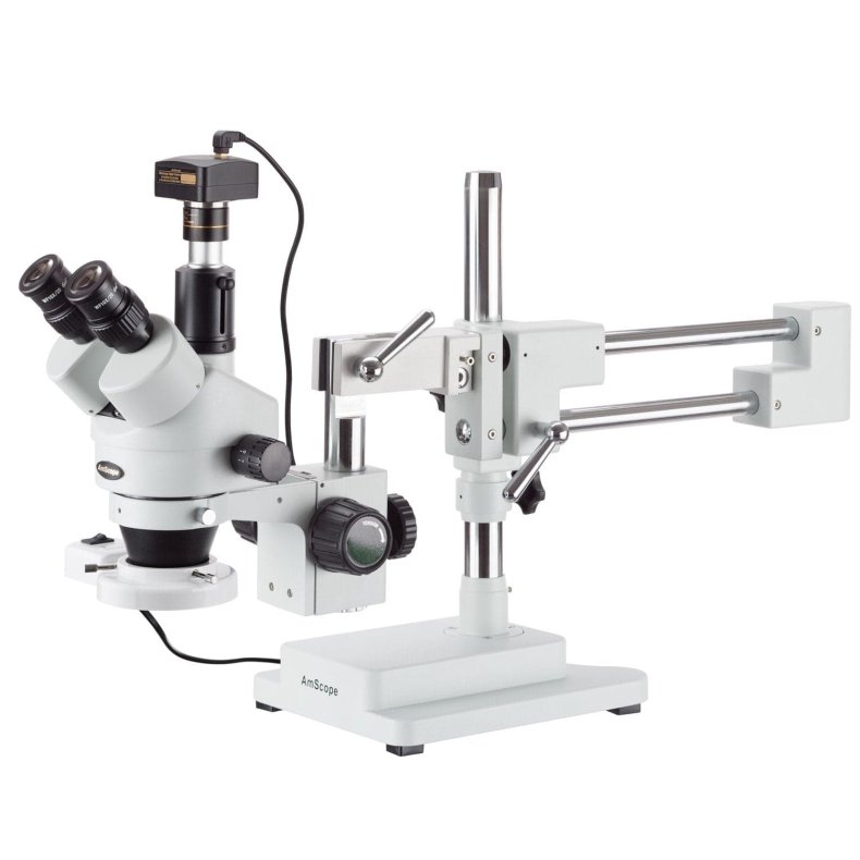 AmScope SM-4 trinokul�rt zoom-stereomikroskop (3,5�&ndash;90�) Fluorescerende ringlys, 10 MP USB 2.0 kamera p� dobbeltarms bomstander