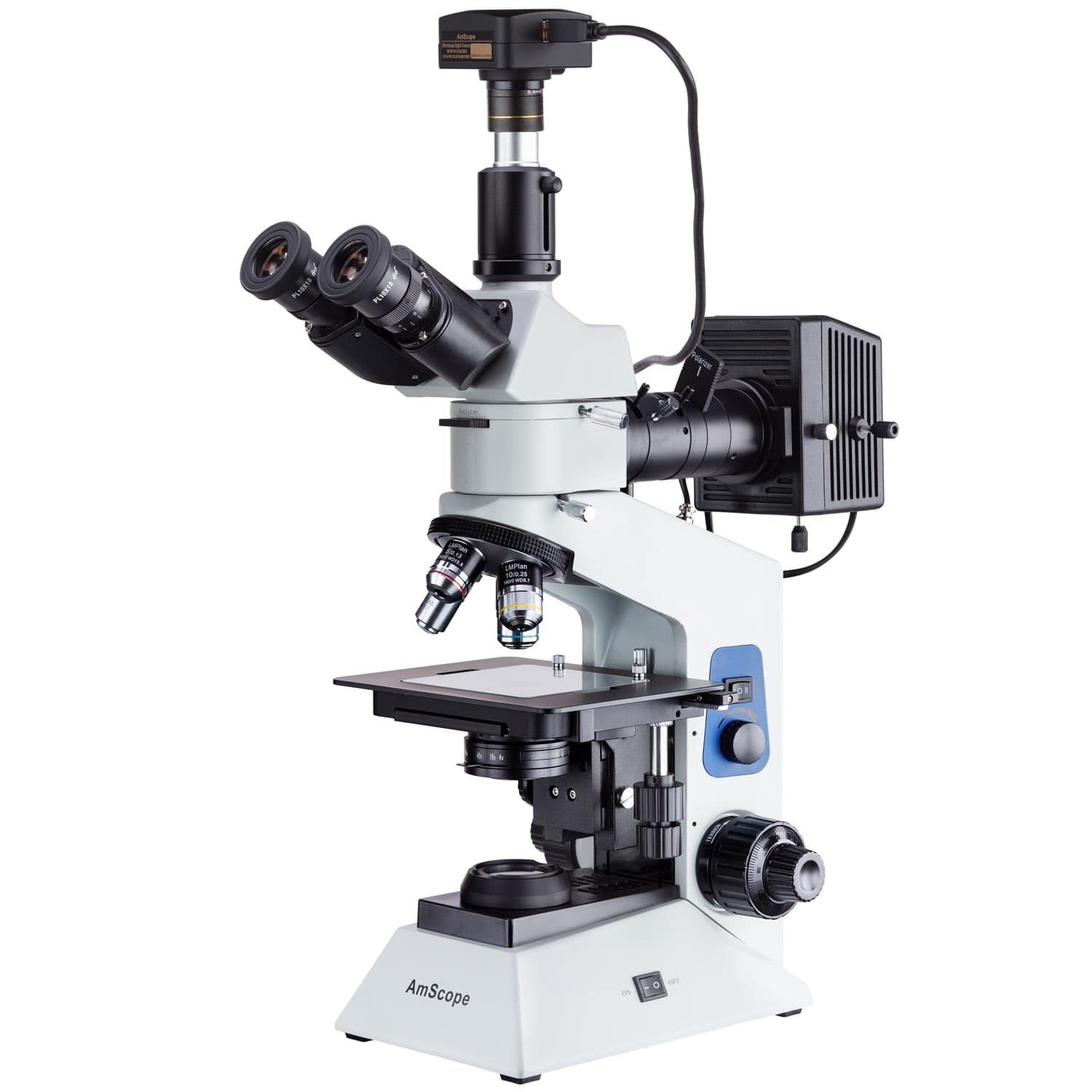 AmScope ME580 Trinokulært metallurgisk mikroskop m/dobbelt belysning (40X–800X), polarisation og 14,0 MP USB 3.0 kamera